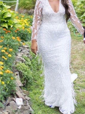 Elegant White Long Sleeve Beaded Gown